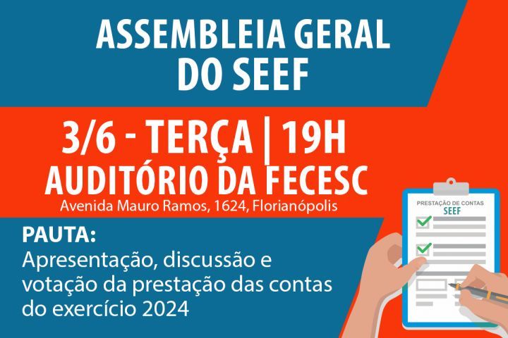 SEEF convoca categoria para Assembleia Geral Ordinária no dia 3 de junho