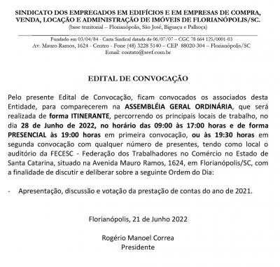 SEEF promove assembleias nos locais de trabalho e na FECESC nesta terça-feira (28)